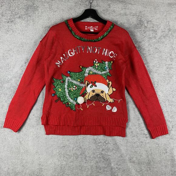 Christmas Sweater Womens Medium Red Ugly Christmas Naughty Not Nice Bulldog - Picture 1 of 15
